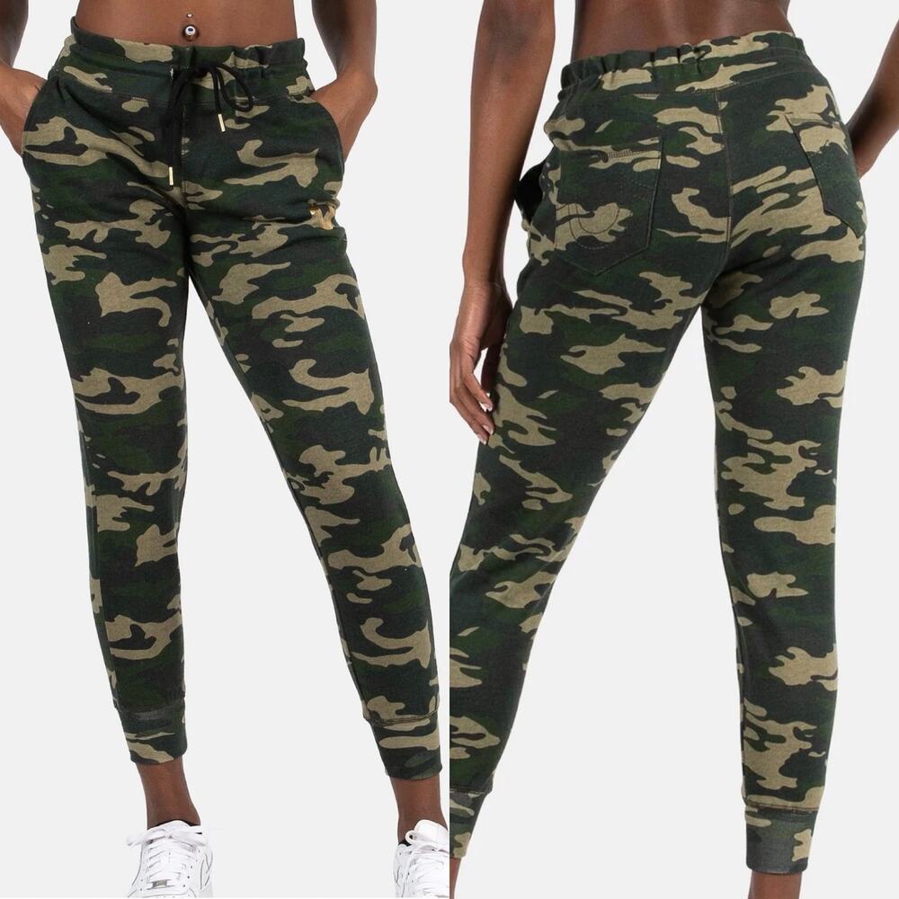 True Religion Sweatpants Womens XS Green Camouflage Fleece Horseshoe Joggers EUC